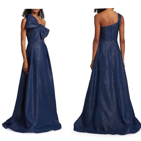 Teri Jon By Rickie Freeman Asymmetric Bow Metallic Sparkle Jacquard Maxi Gown - Picture 3 of 13